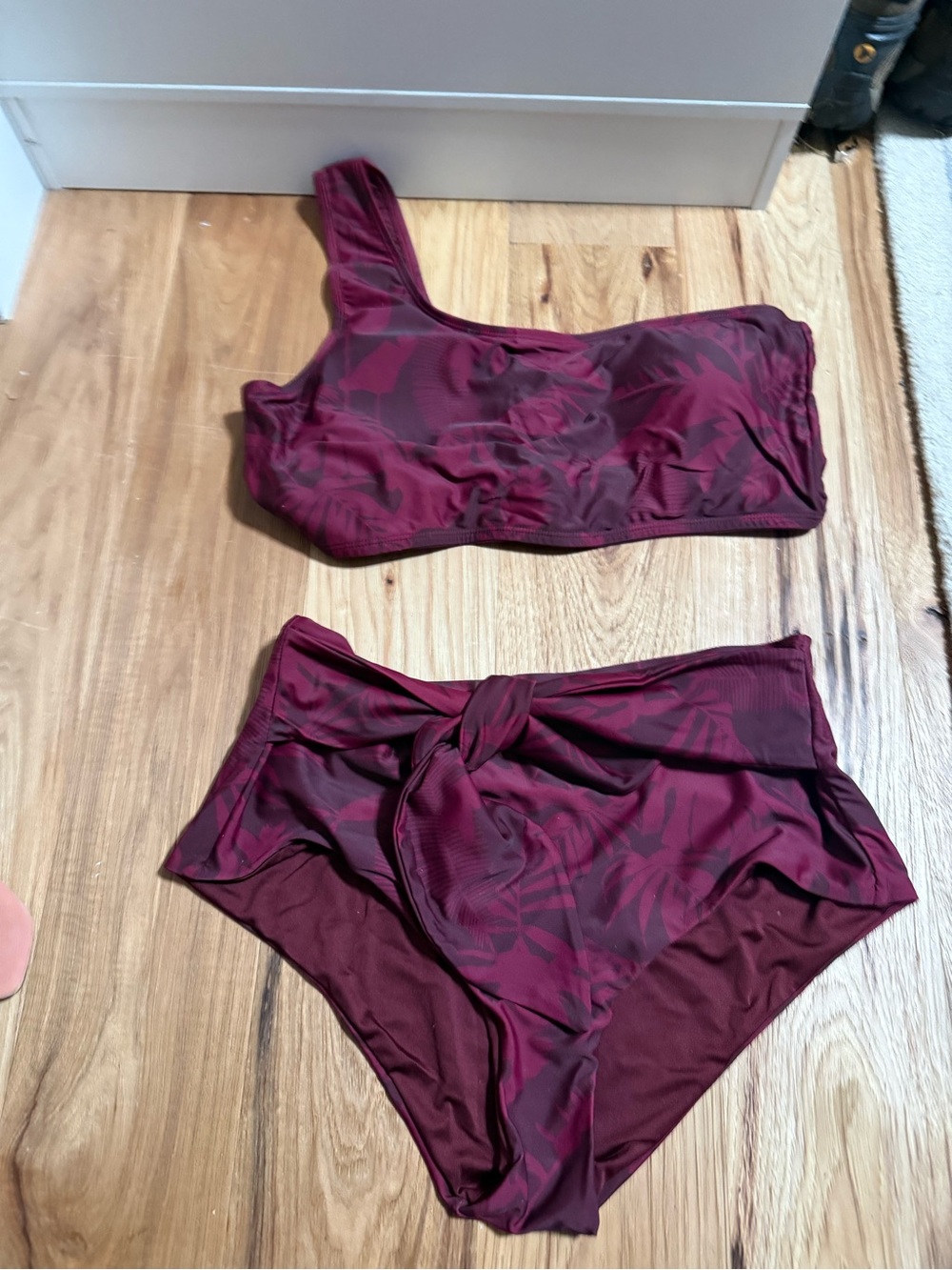 DownEast One-Shoulder High-Waist Bikini Set in Burgundy Floral
